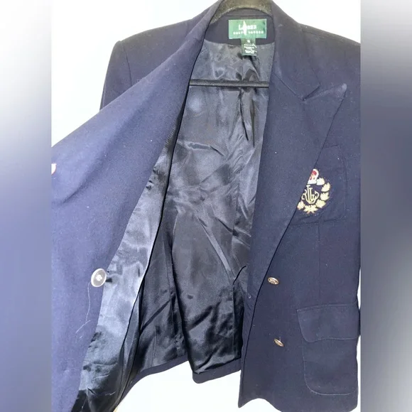 Vtg Lauren Ralph Lauren Double Breasted Crest Logo Wool Blue PreppyBla…